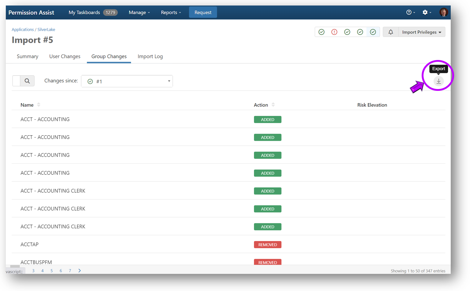 Export group changes log