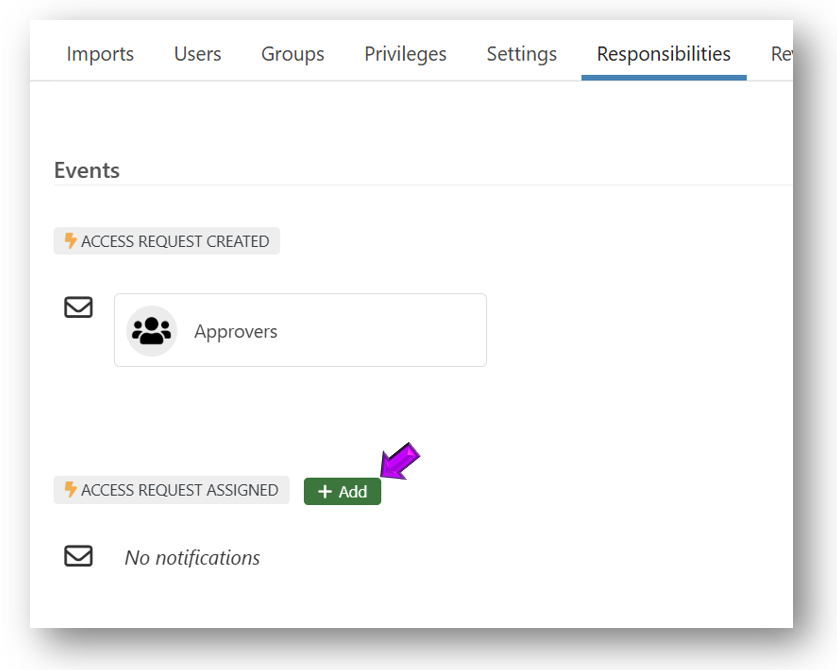 Events section with Add button