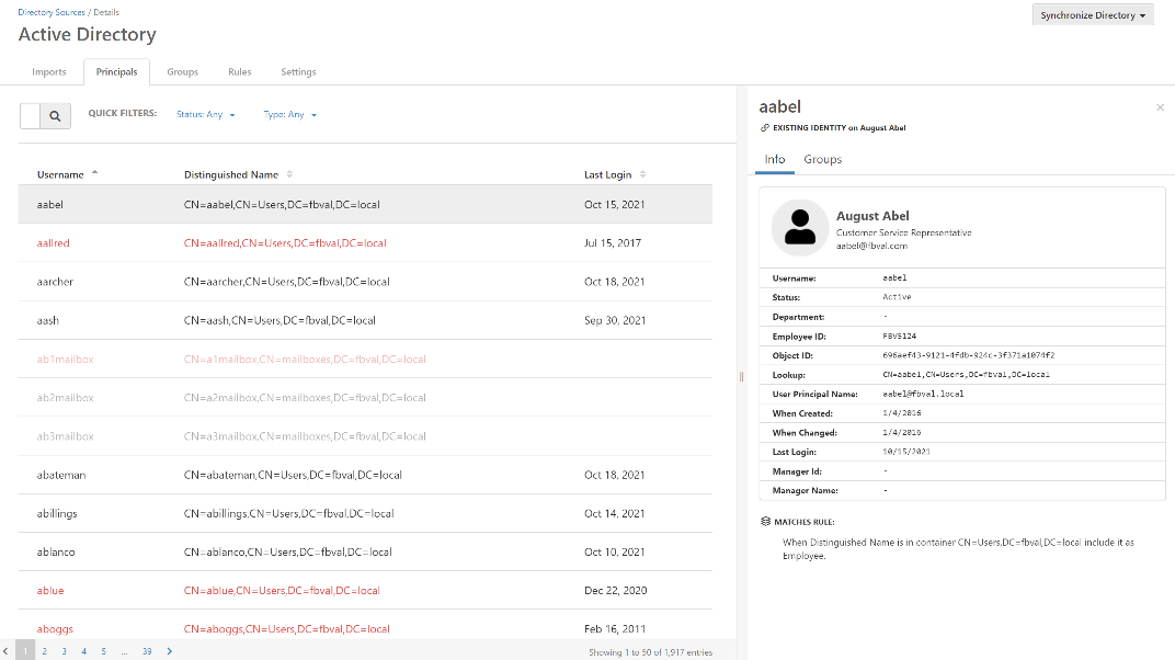 Principals tab showing the list of accounts imported from the directory source