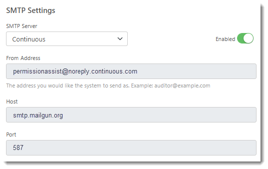 SMTP tab with the Continuous server selected and read-only connection details