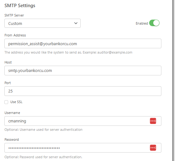 SMTP tab with the Custom server selected and editable connection fields