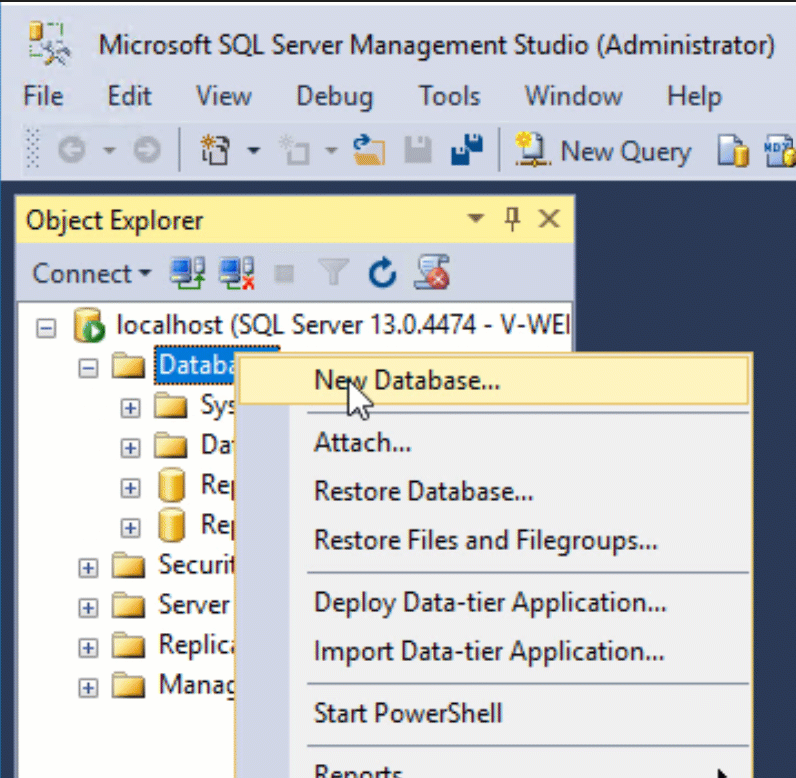 Create new database in SSMS