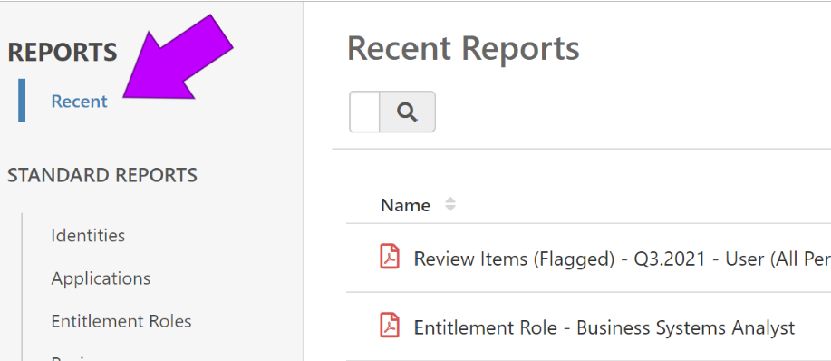 Reports menu - Recent option