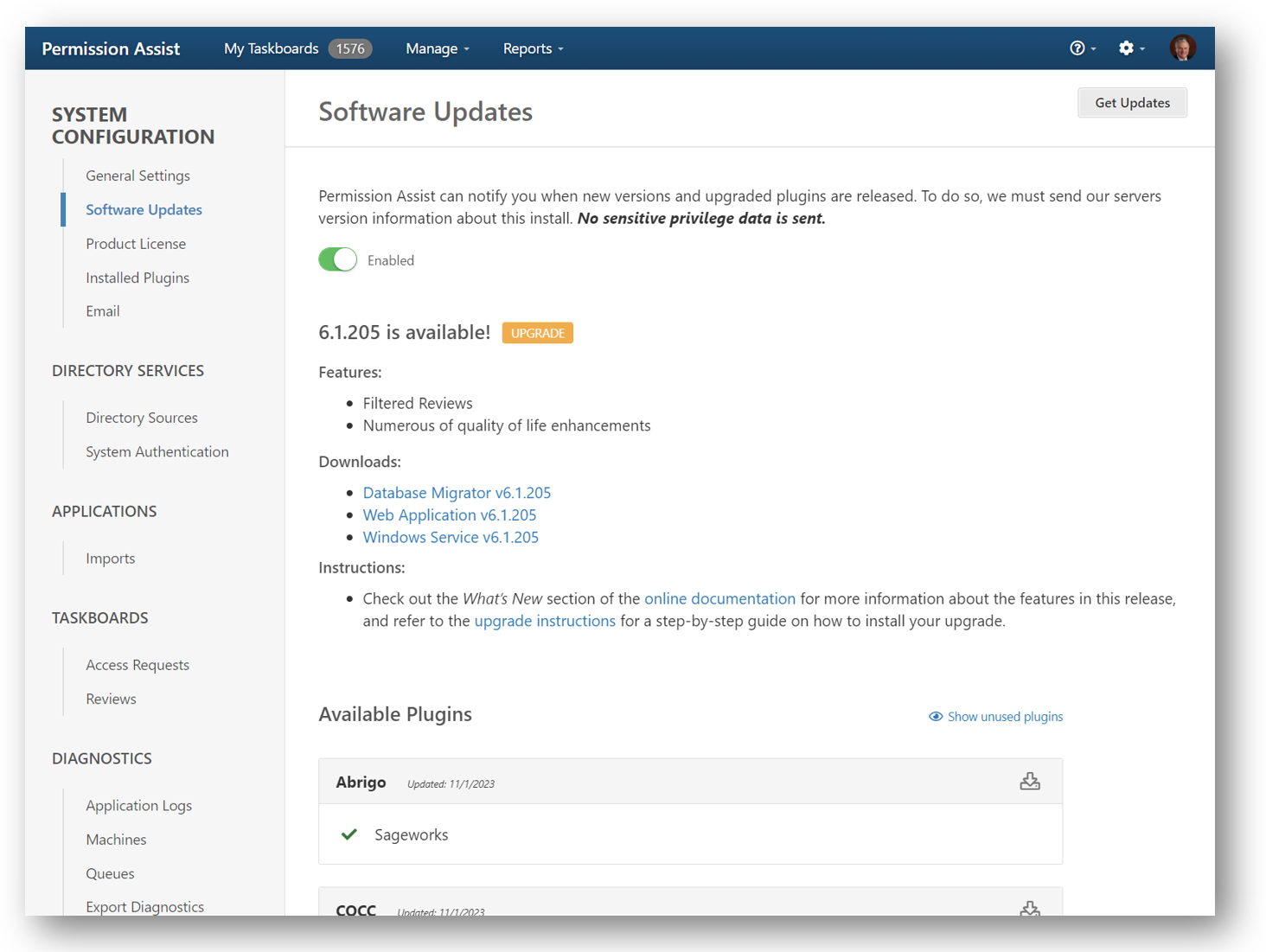 Software Updates page