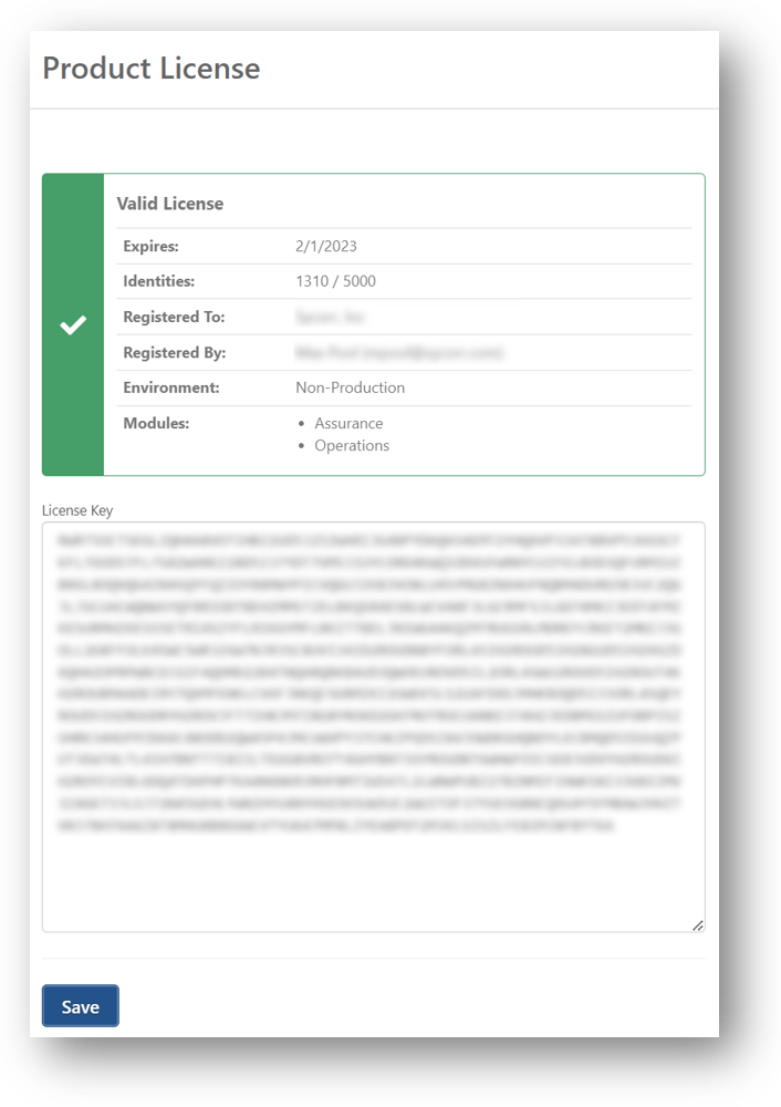 Product License page after a valid key is entered